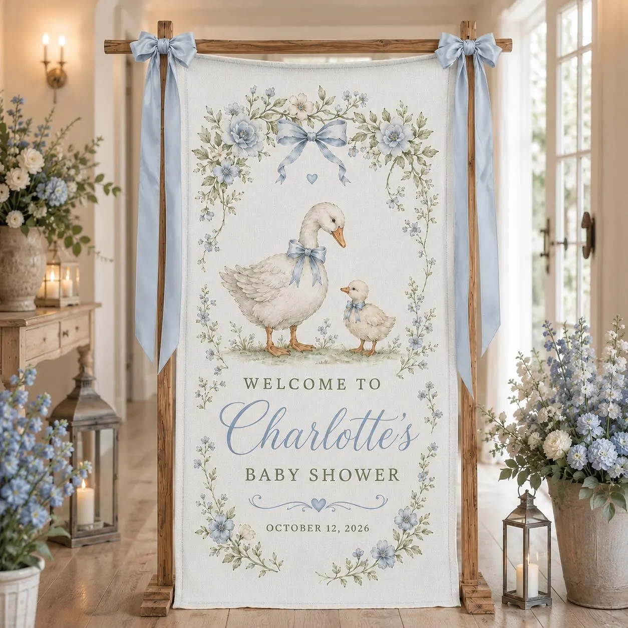 Personalized Goose Baby Shower Welcome Banner, Custom Blue Floral Bow Backdrop, Vintage Duckling Party Sign for Baby Boy Celebration - image 3