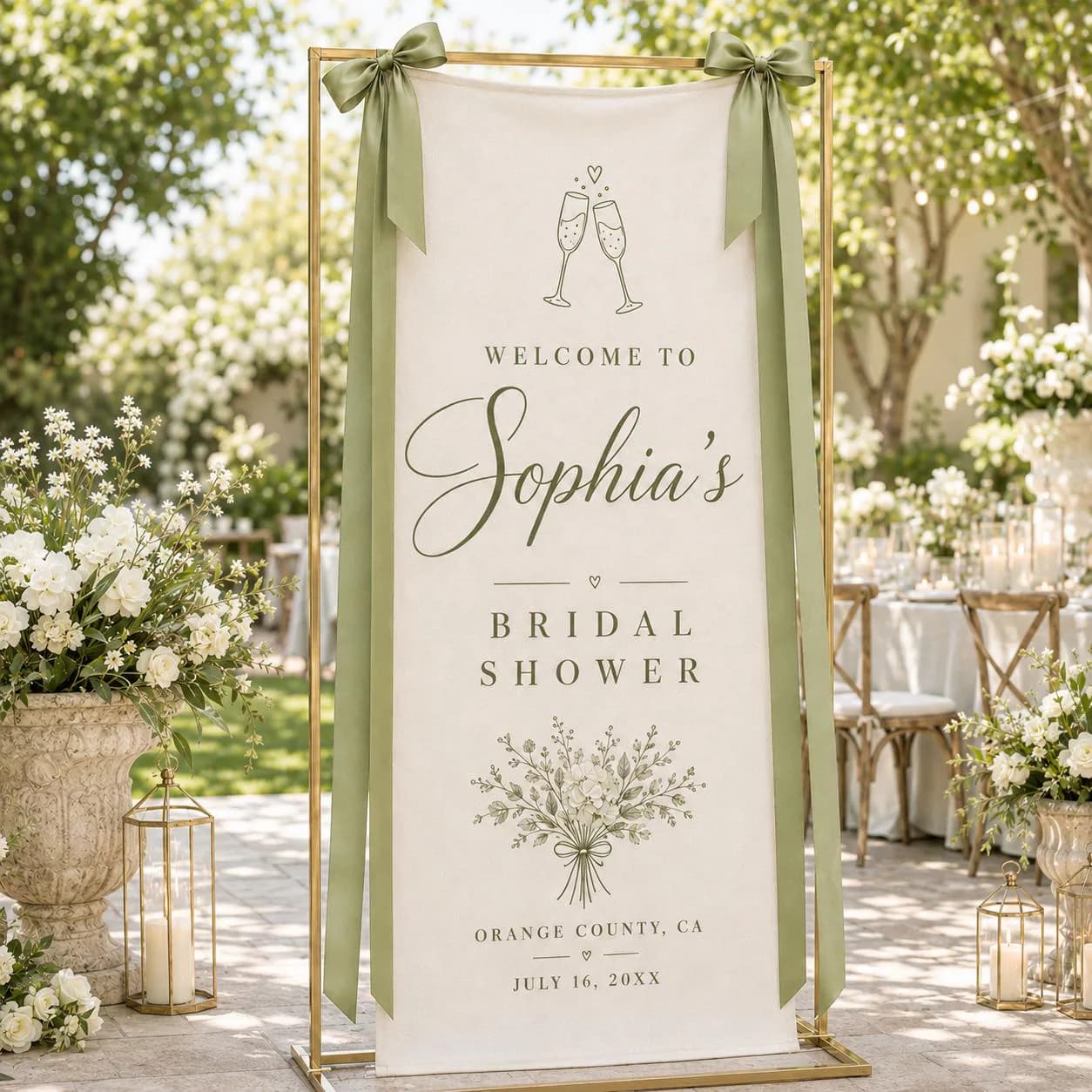 Personalized Sage Bridal Shower Banner, Custom Bride Welcome Sign with Name Location Date, Elegant Champagne Fabric Backdrop Decor
