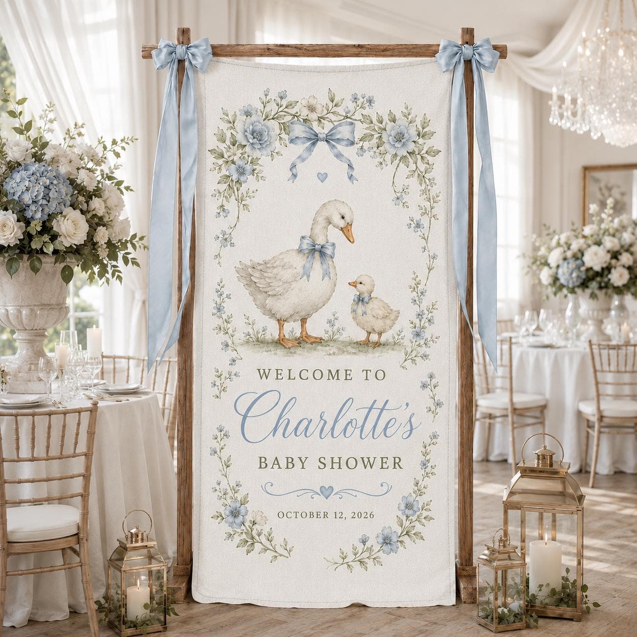 Personalized Goose Baby Shower Welcome Banner, Custom Blue Floral Bow Backdrop, Vintage Duckling Party Sign for Baby Boy Celebration - image 4