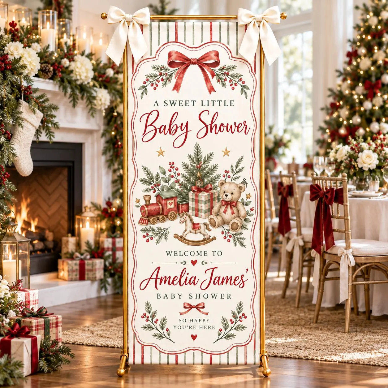 Christmas Baby Shower Banner, Personalized Welcome Sign, Teddy Bear Red Bow Decor, Vintage Toy Train, Winter Fabric Party Backdrop - image 3
