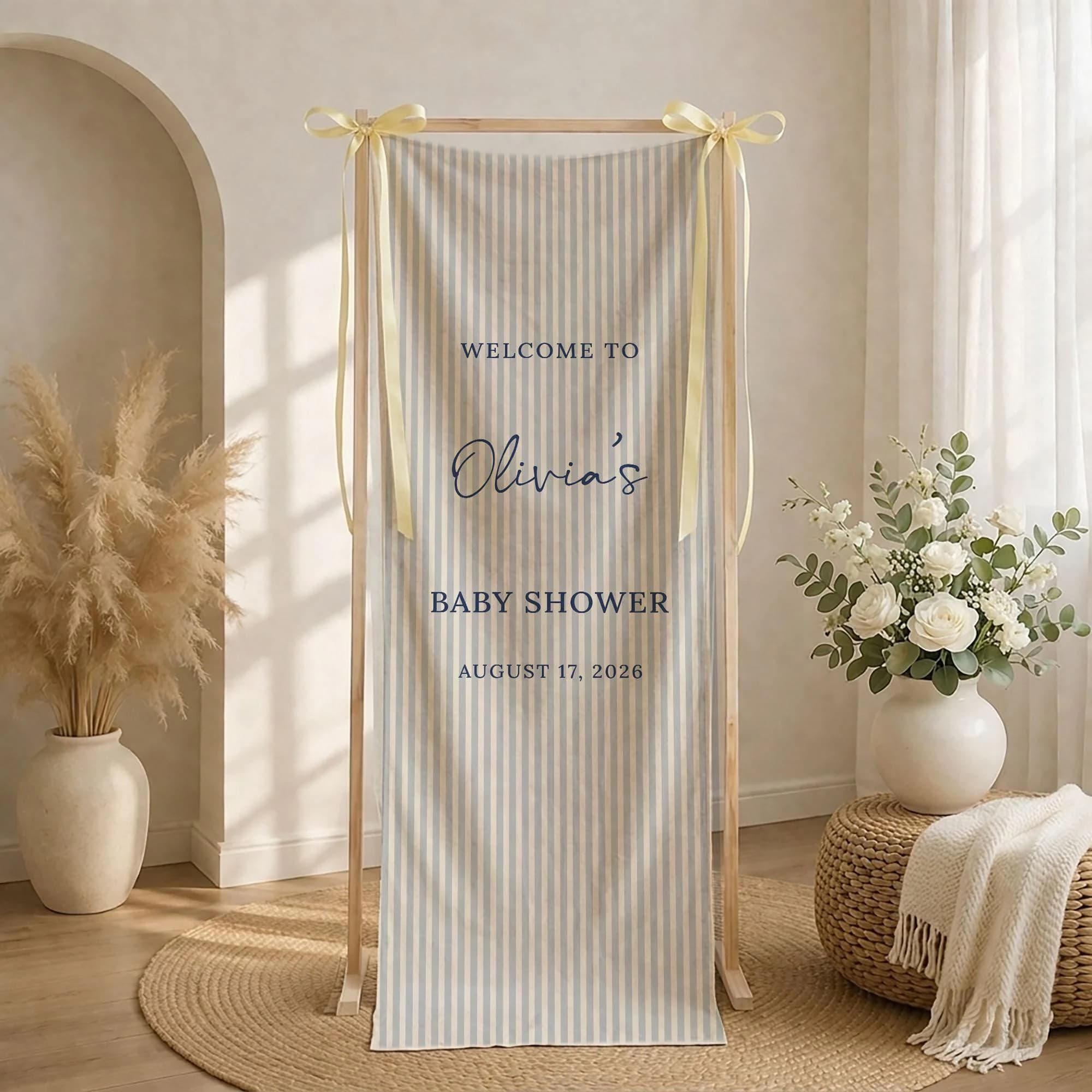 Personalized Baby Shower Fabric Banner, Welcome Baby Shower Sign, Blue Striped Party Entrance Decor, Custom Baby Shower Backdrop Banner - image 5