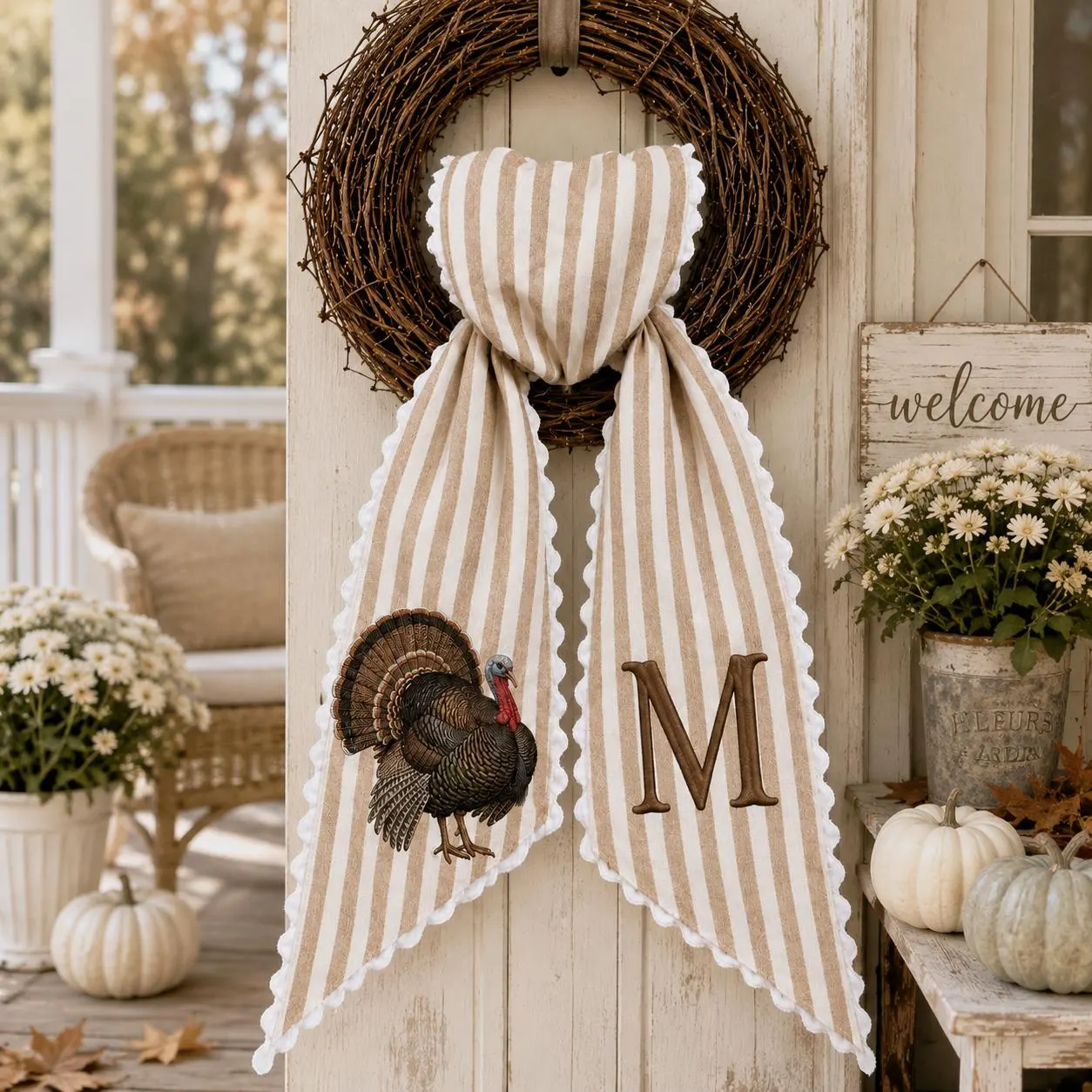 Personalized Turkey Embroidered Wreath Sash, Thanksgiving Monogram Door Decor, Fall Farmhouse Front Porch Accent, Custom Initial Gift - image 4