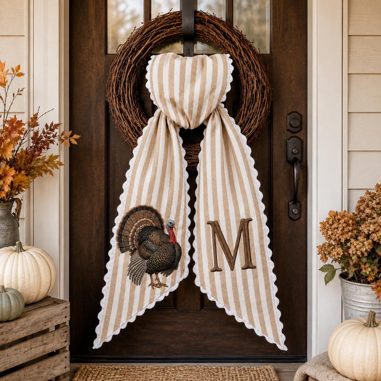 Personalized Turkey Embroidered Wreath Sash, Thanksgiving Monogram Door Decor, Fall Farmhouse Front Porch Accent, Custom Initial Gift - image 5