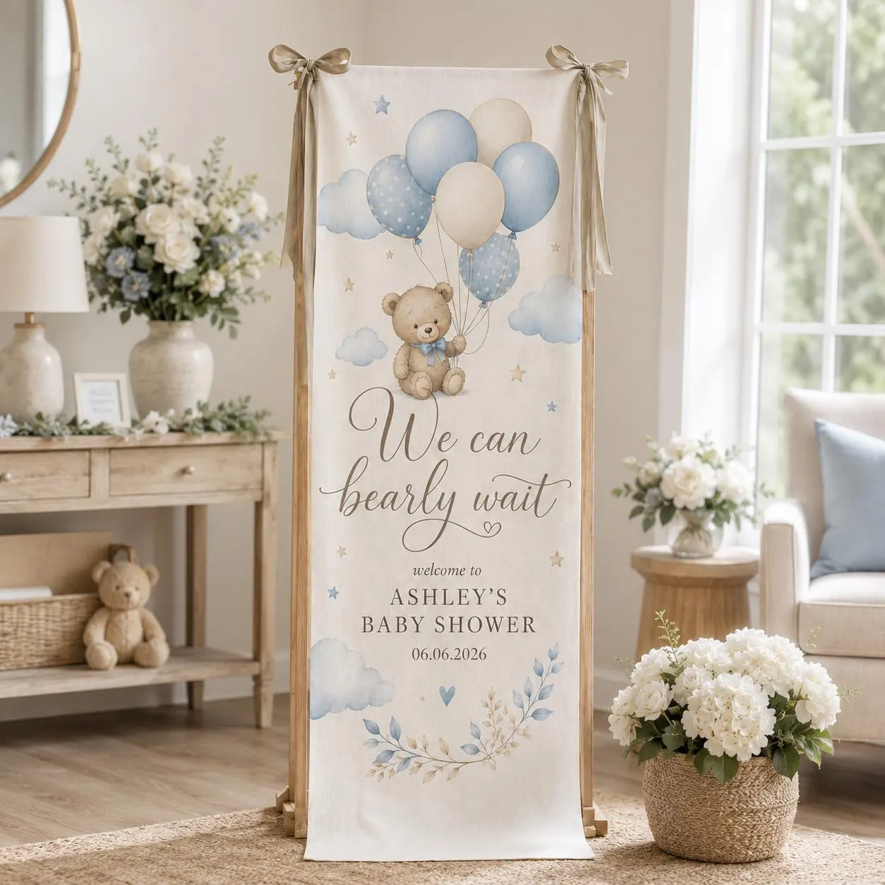 Personalized Teddy Bear Baby Shower Banner, We Can Bearly Wait Welcome Sign, Blue Balloon Boy Shower Decor, Custom Name and Date Backdrop - image 4
