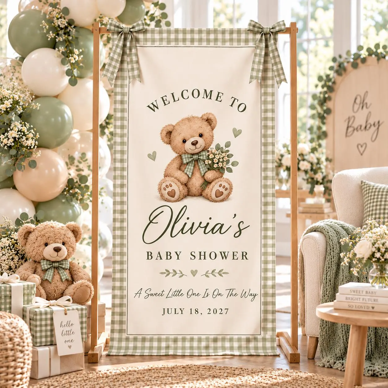 Personalized Teddy Bear Baby Shower Banner, Sage Gingham Welcome Sign, Custom Name Backdrop, Neutral Green Floral Party Decor - image 4
