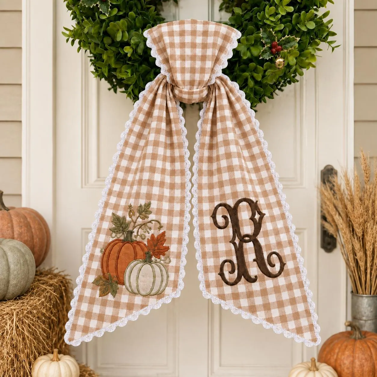 Personalized Pumpkin Embroidered Sash, Beige Gingham Monogram Bow, Custom Initial Fall Door Decor, Autumn Wreath Accent, Thanksgiving Gift - image 3