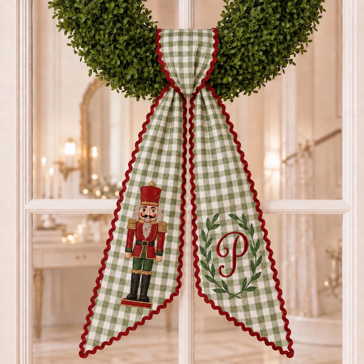 Personalized Christmas Wreath Sash, Embroidered Nutcracker Monogram Bow, Green Gingham Holiday Door Decor, Custom Initial Winter Gift - image 3