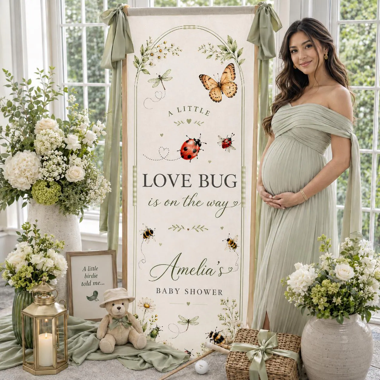 Personalized A Little Love Bug Baby Shower Banner, Lovebug Theme Welcome Sign, Ladybug Garden Fabric Backdrop, Rustic Party Decor - image 3