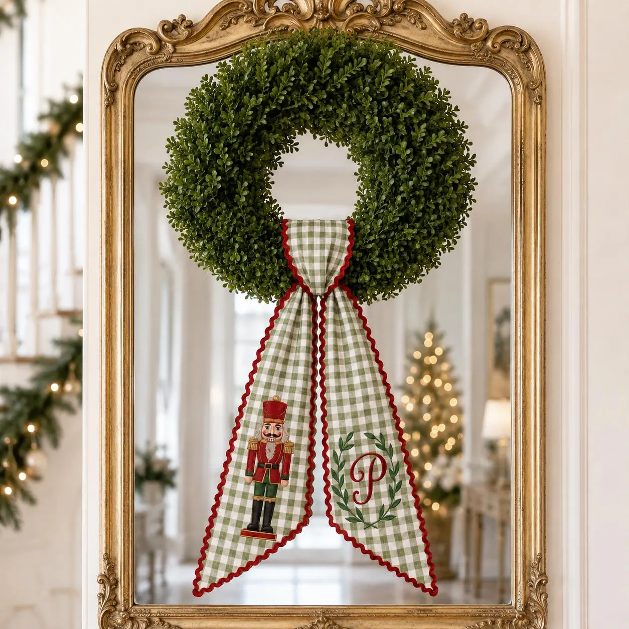 Personalized Christmas Wreath Sash, Embroidered Nutcracker Monogram Bow, Green Gingham Holiday Door Decor, Custom Initial Winter Gift - image 5