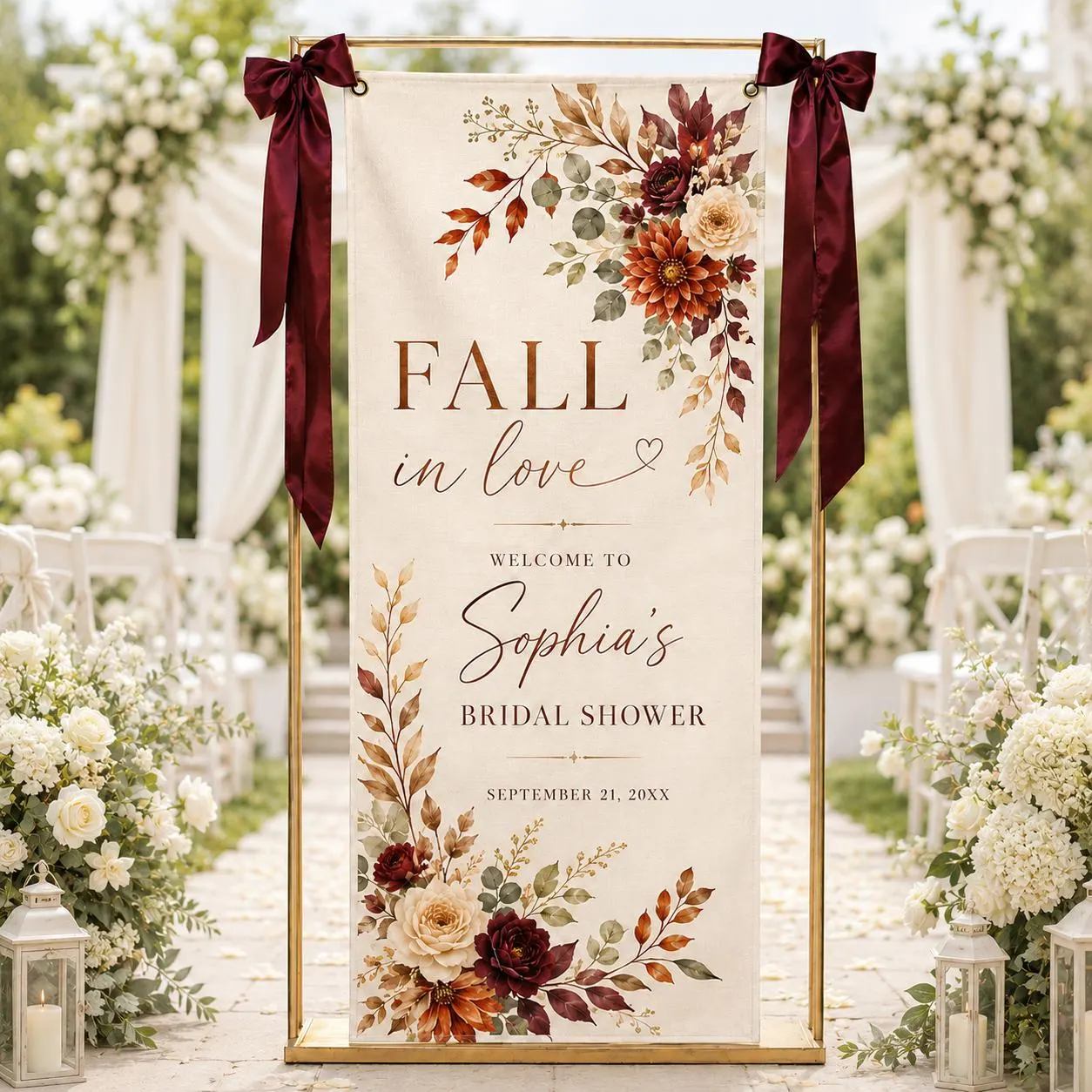 Personalized Bridal Shower Backdrop, Fall in Love Welcome Sign, Burgundy Floral Theme, Autumn Bride Decor, Custom Celebration Banner - image 3