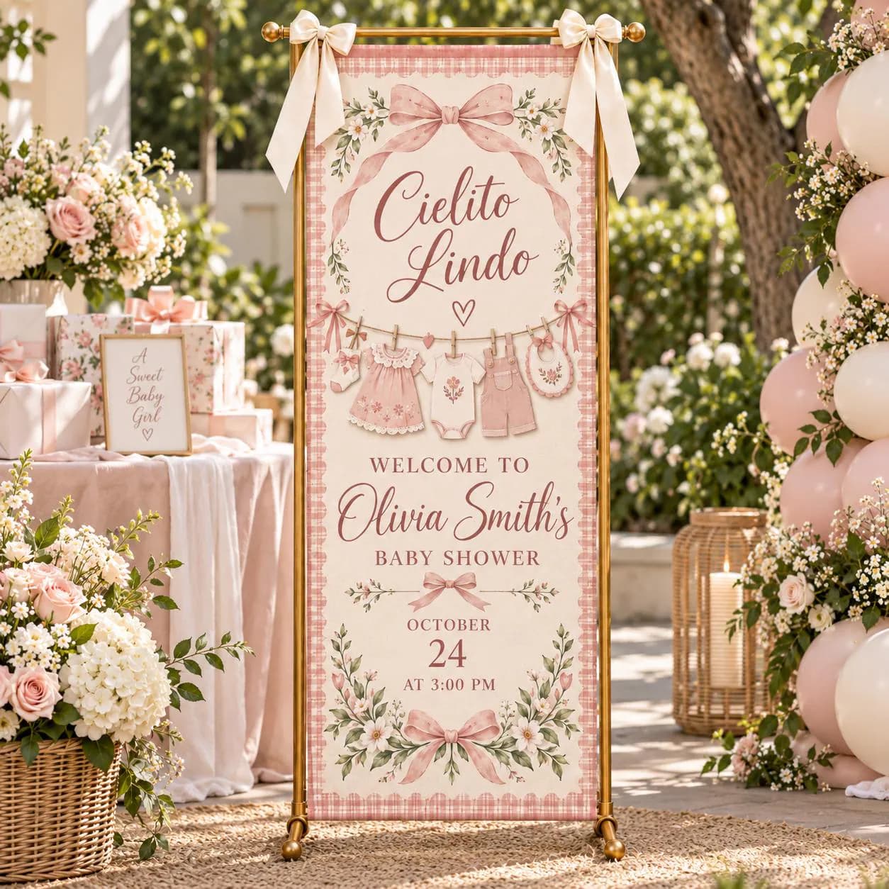 Cielito Lindo Baby Shower Banner, Personalized Girl Welcome Sign, Pink Bow Floral Decor, Gingham Fabric Backdrop, Sweet Clothesline Theme - image 3