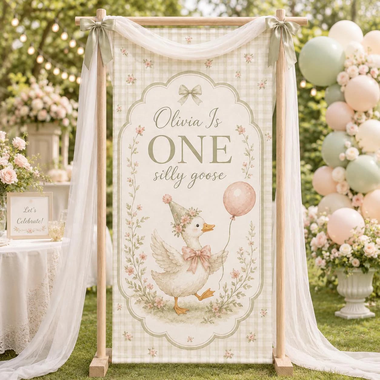 Custom Silly Goose First Birthday Banner, Personalized One Year Old Party Backdrop, Floral Gingham Duck Fabric Sign with Name