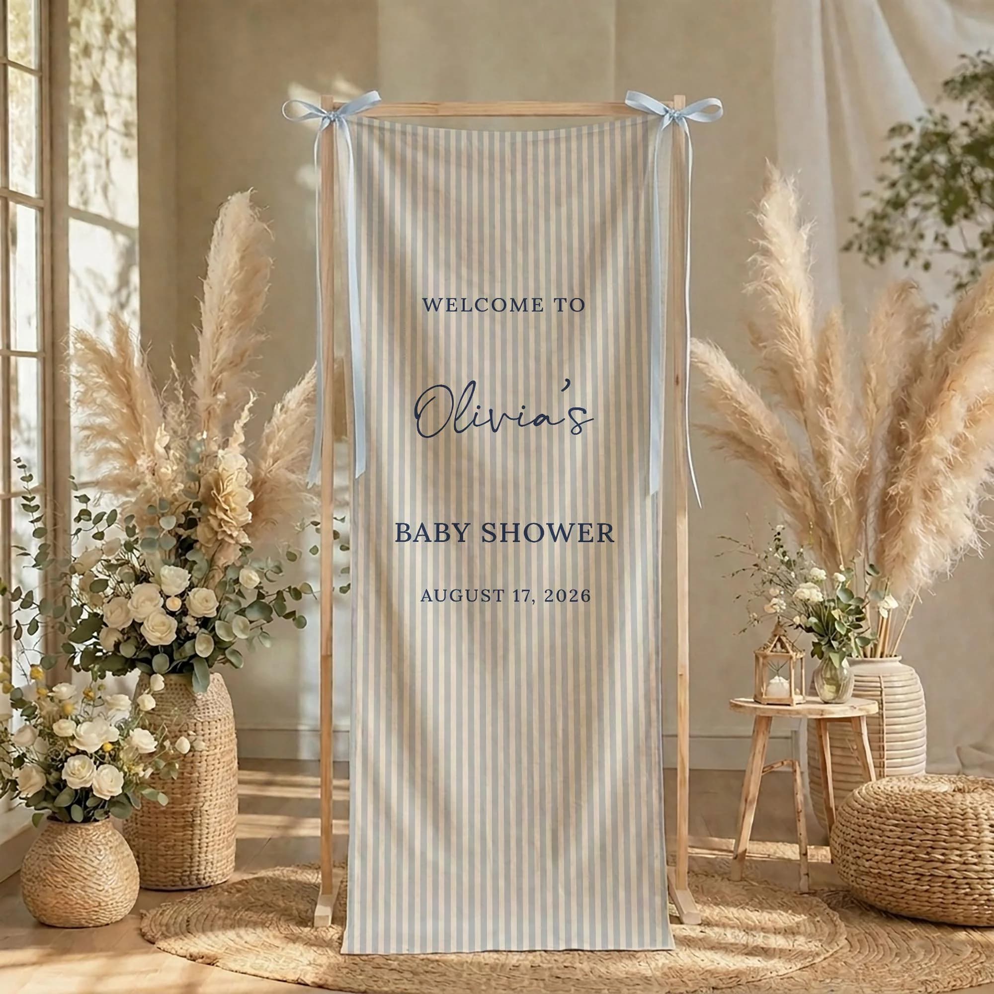 Personalized Baby Shower Fabric Banner, Welcome Baby Shower Sign, Blue Striped Party Entrance Decor, Custom Baby Shower Backdrop Banner