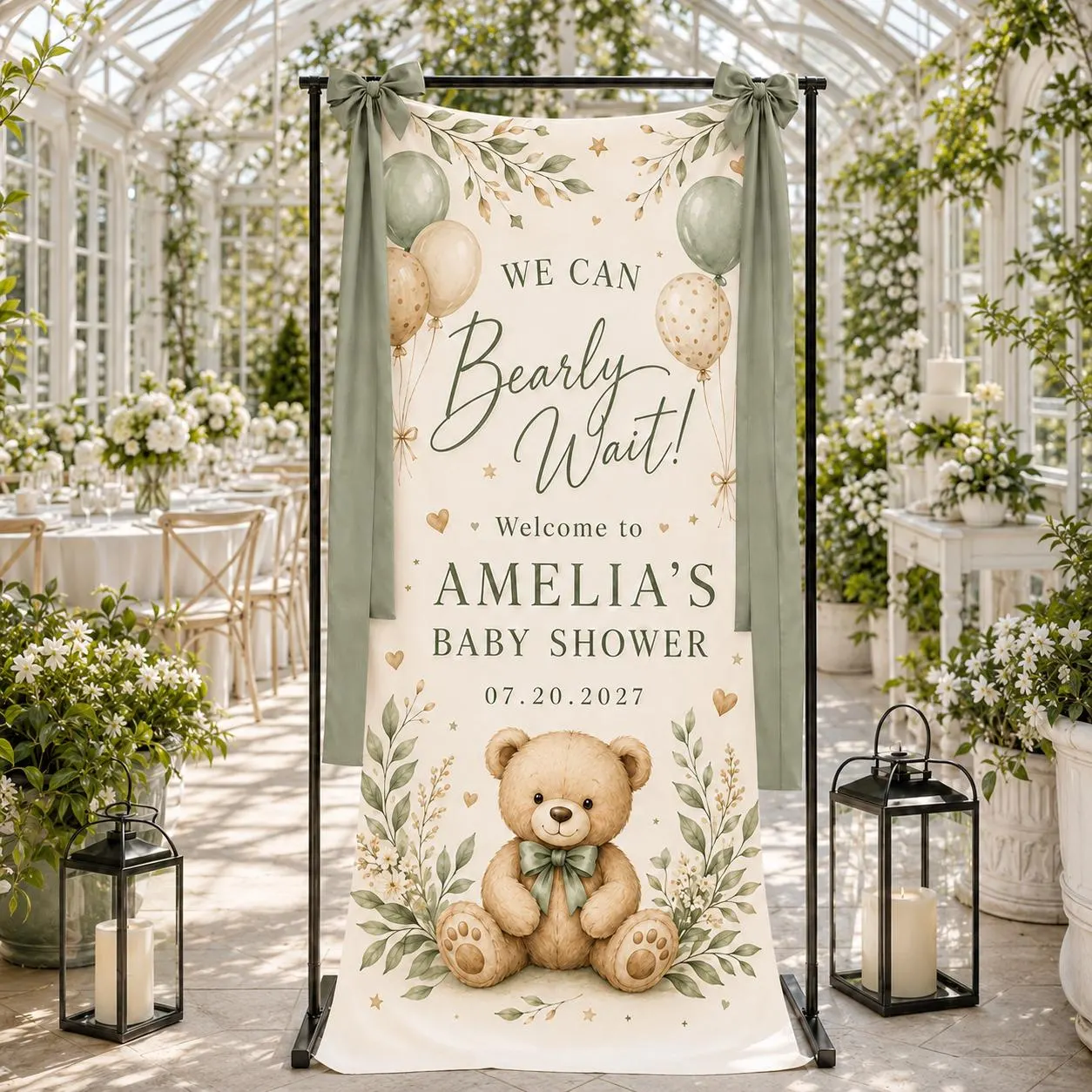 Personalized Baby Shower Backdrop, Teddy Bear Welcome Sign, Beary Wait Theme, Sage Green Floral Decor, Custom Celebration Banner - image 3