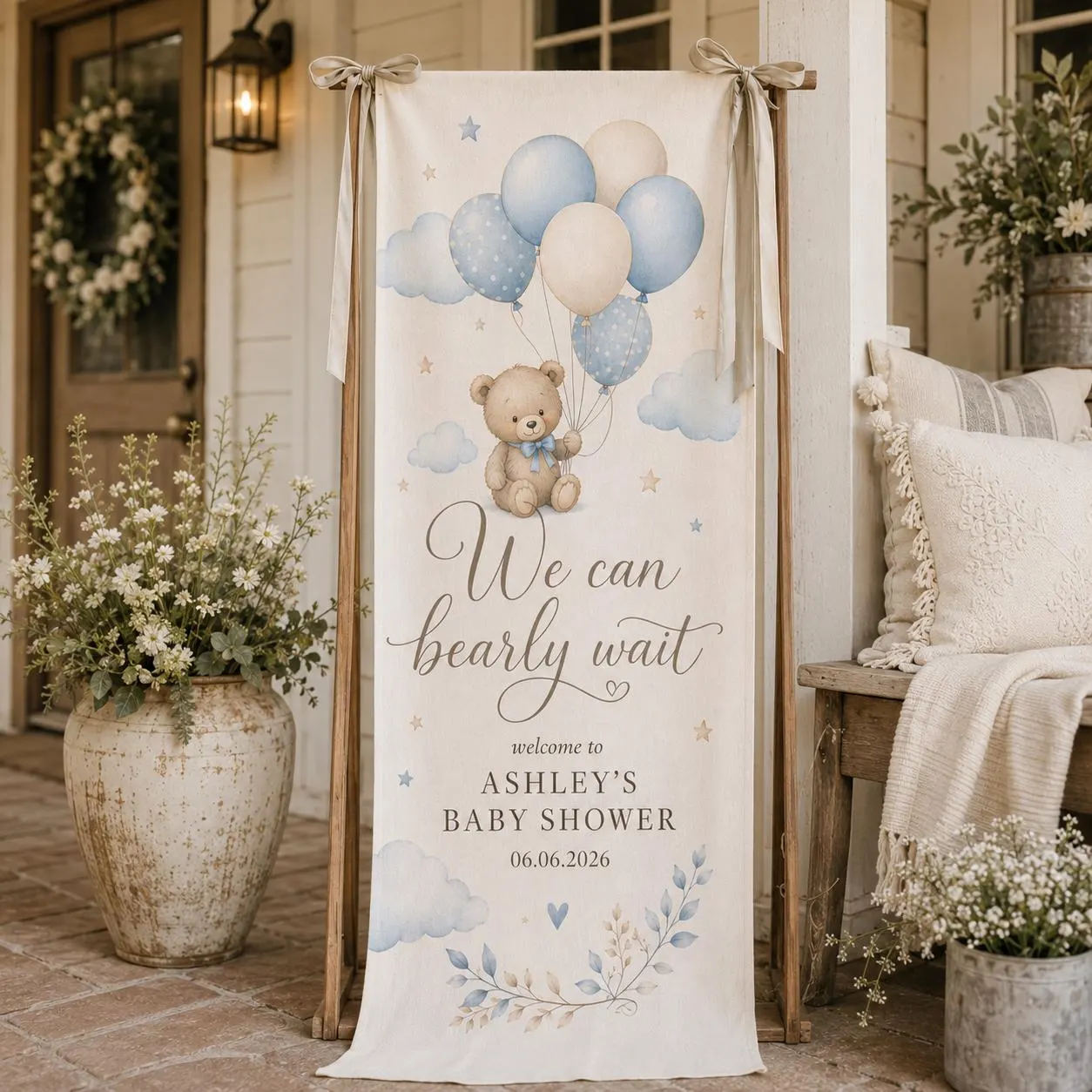 Personalized Teddy Bear Baby Shower Banner, We Can Bearly Wait Welcome Sign, Blue Balloon Boy Shower Decor, Custom Name and Date Backdrop - image 3