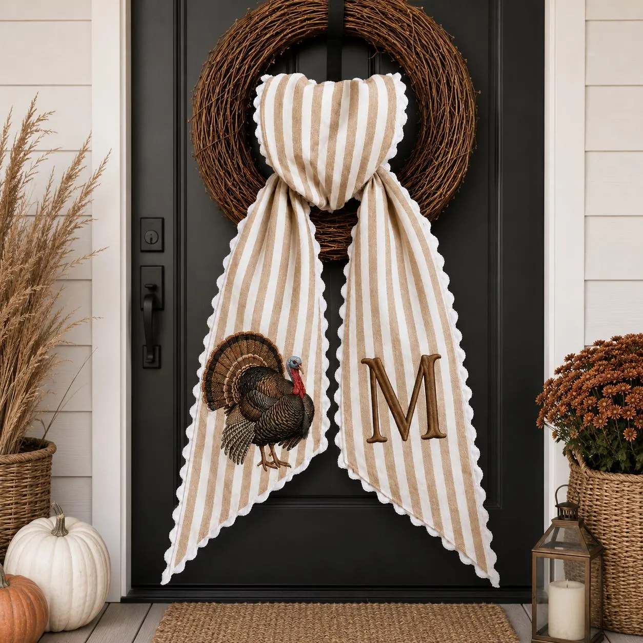 Personalized Turkey Embroidered Wreath Sash, Thanksgiving Monogram Door Decor, Fall Farmhouse Front Porch Accent, Custom Initial Gift