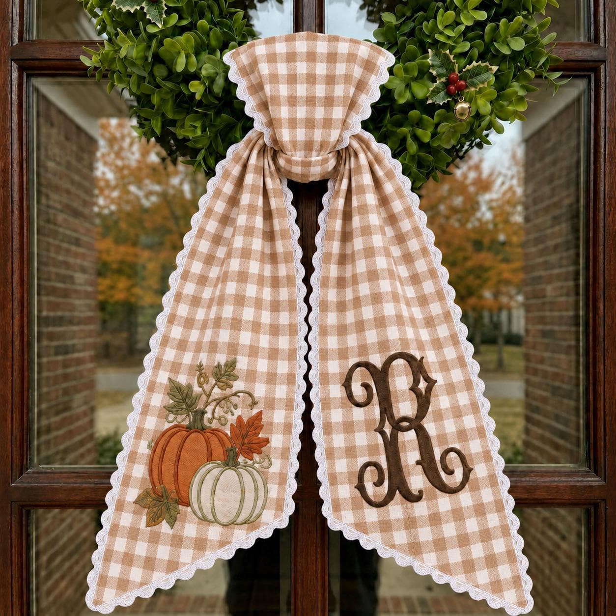 Personalized Pumpkin Embroidered Sash, Beige Gingham Monogram Bow, Custom Initial Fall Door Decor, Autumn Wreath Accent, Thanksgiving Gift
