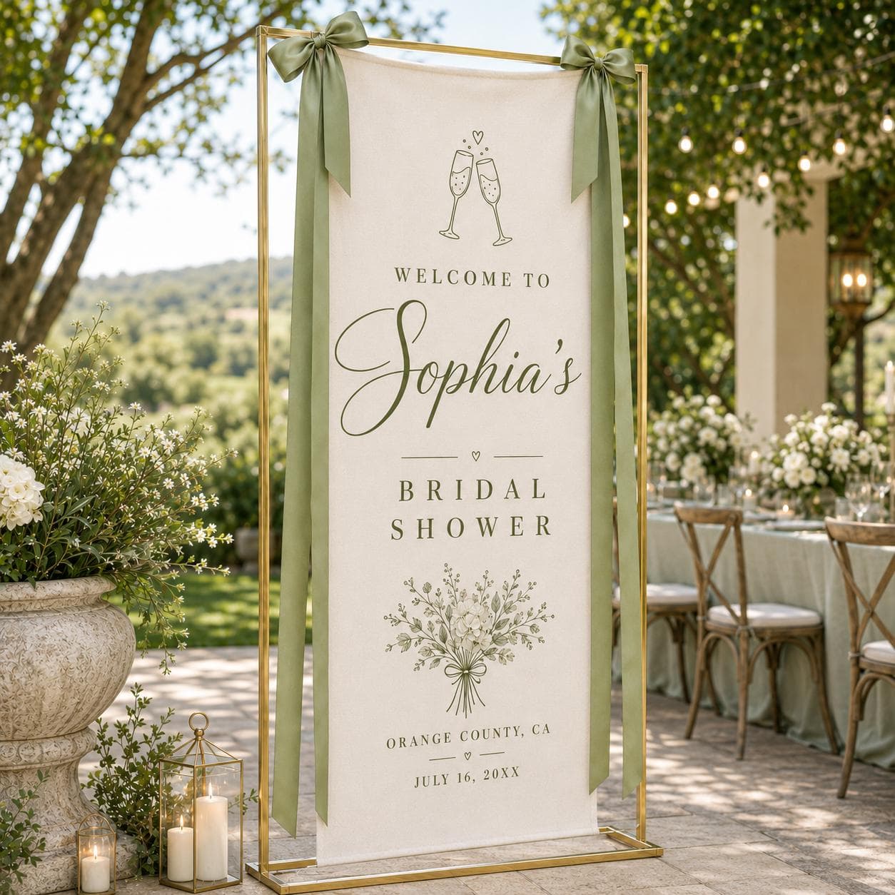 Personalized Sage Bridal Shower Banner, Custom Bride Welcome Sign with Name Location Date, Elegant Champagne Fabric Backdrop Decor - image 3