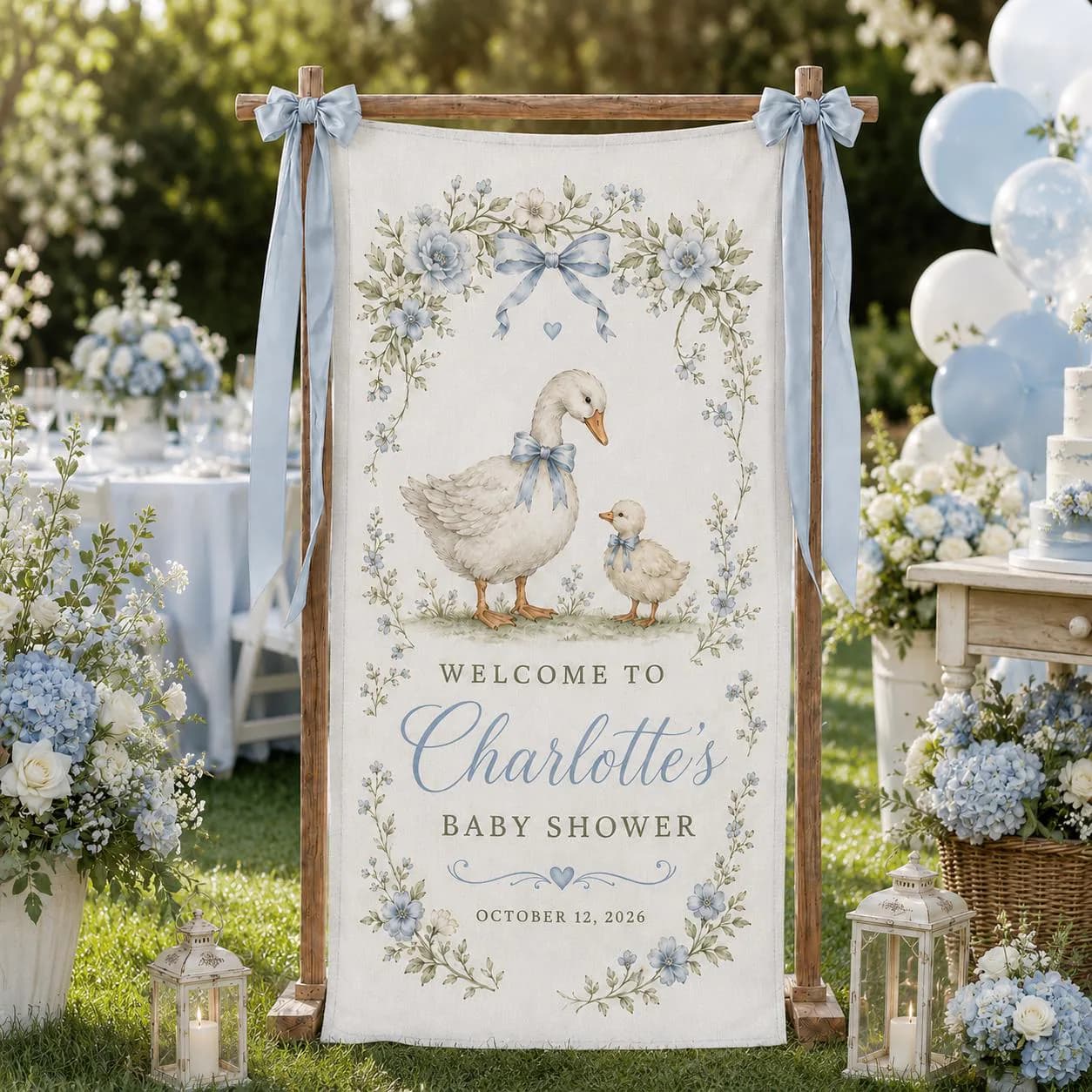 Personalized Goose Baby Shower Welcome Banner, Custom Blue Floral Bow Backdrop, Vintage Duckling Party Sign for Baby Boy Celebration