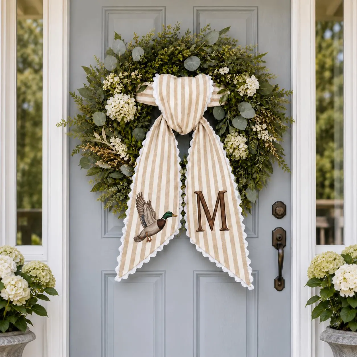 Personalized Duck Wreath Sash, Custom Embroidered Mallard Monogram Ribbon, Striped Door Hanger, Rustic Farmhouse Decor, Hunter Gift - image 4