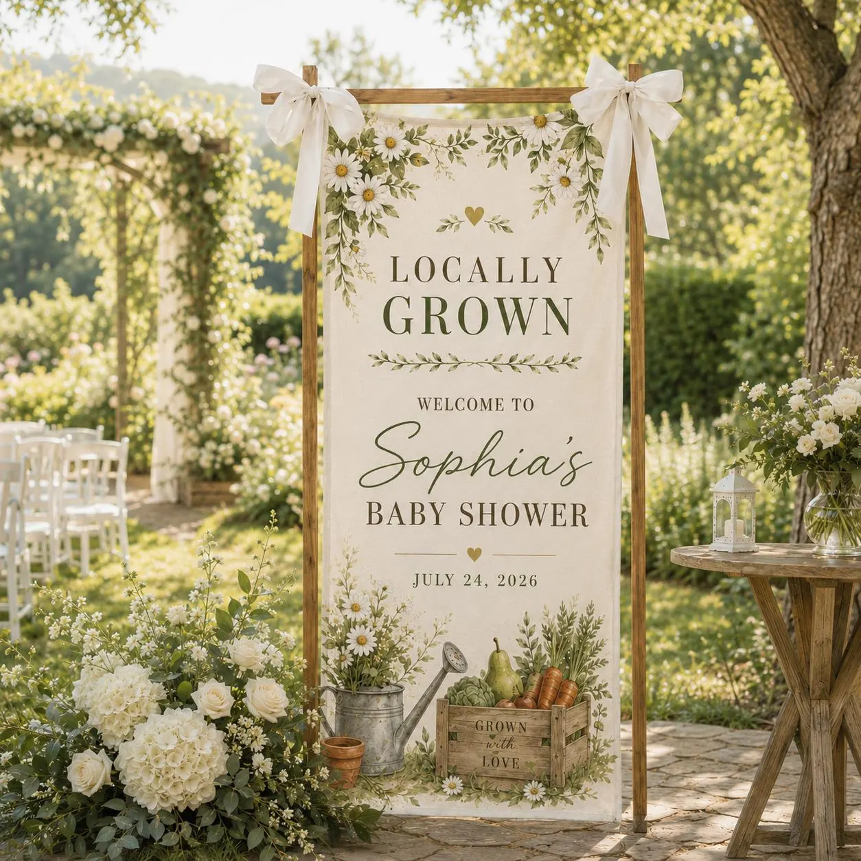 Locally Grown Baby Shower Banner, Custom Garden Vegetable Welcome Sign, Floral Farmhouse Party Backdrop, Personalized Rustic Baby Decor Sign - image 3