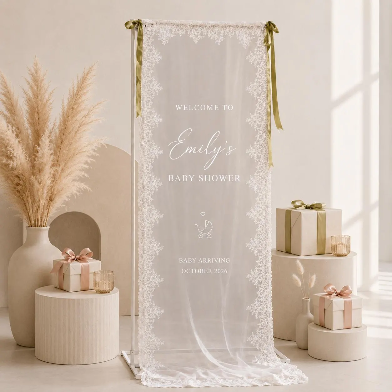 Personalized Lace Baby Shower Welcome Banner, Custom Name Date Sign, Elegant Sheer Fabric Backdrop, Romantic Floral Party Entrance Decor - image 3