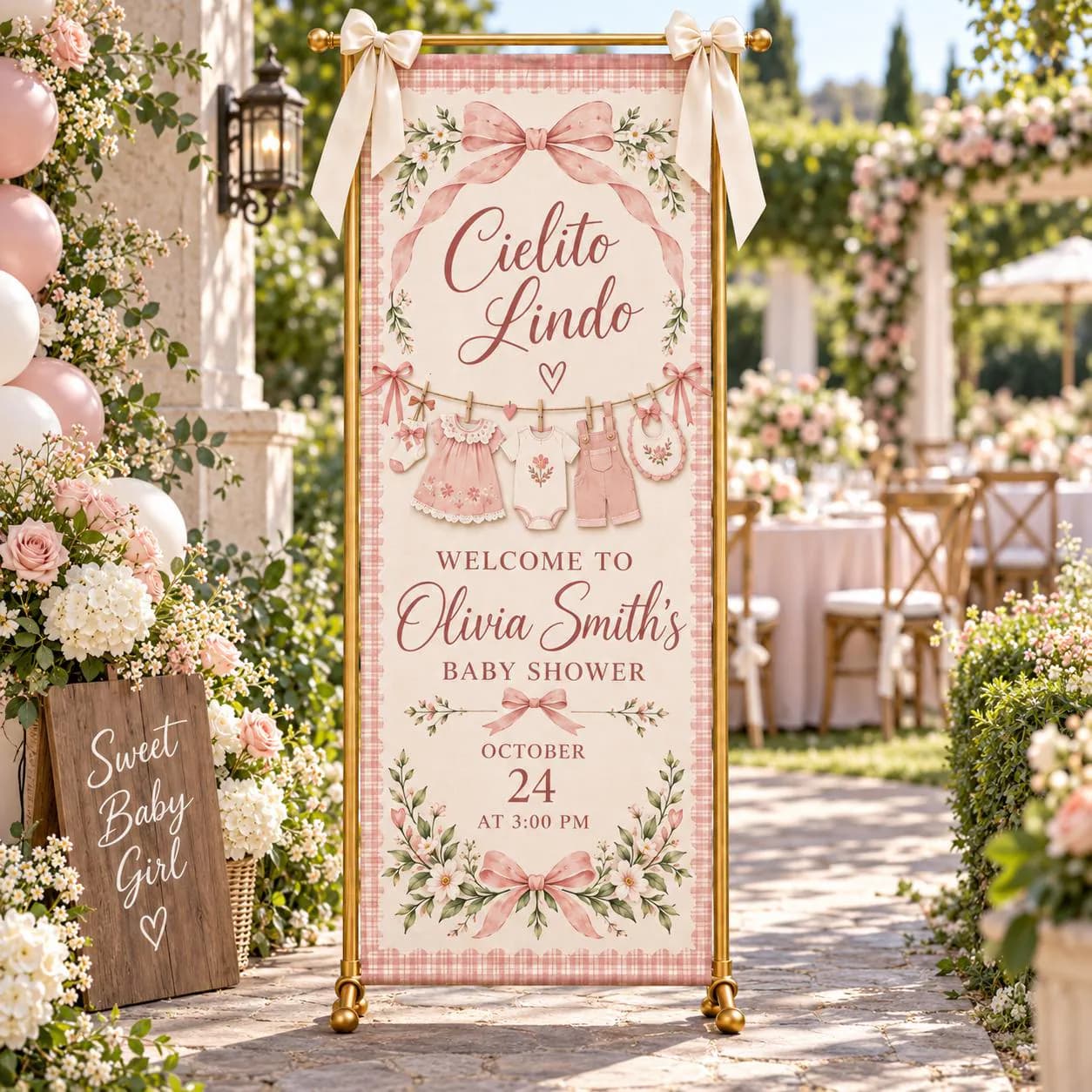 Cielito Lindo Baby Shower Banner, Personalized Girl Welcome Sign, Pink Bow Floral Decor, Gingham Fabric Backdrop, Sweet Clothesline Theme
