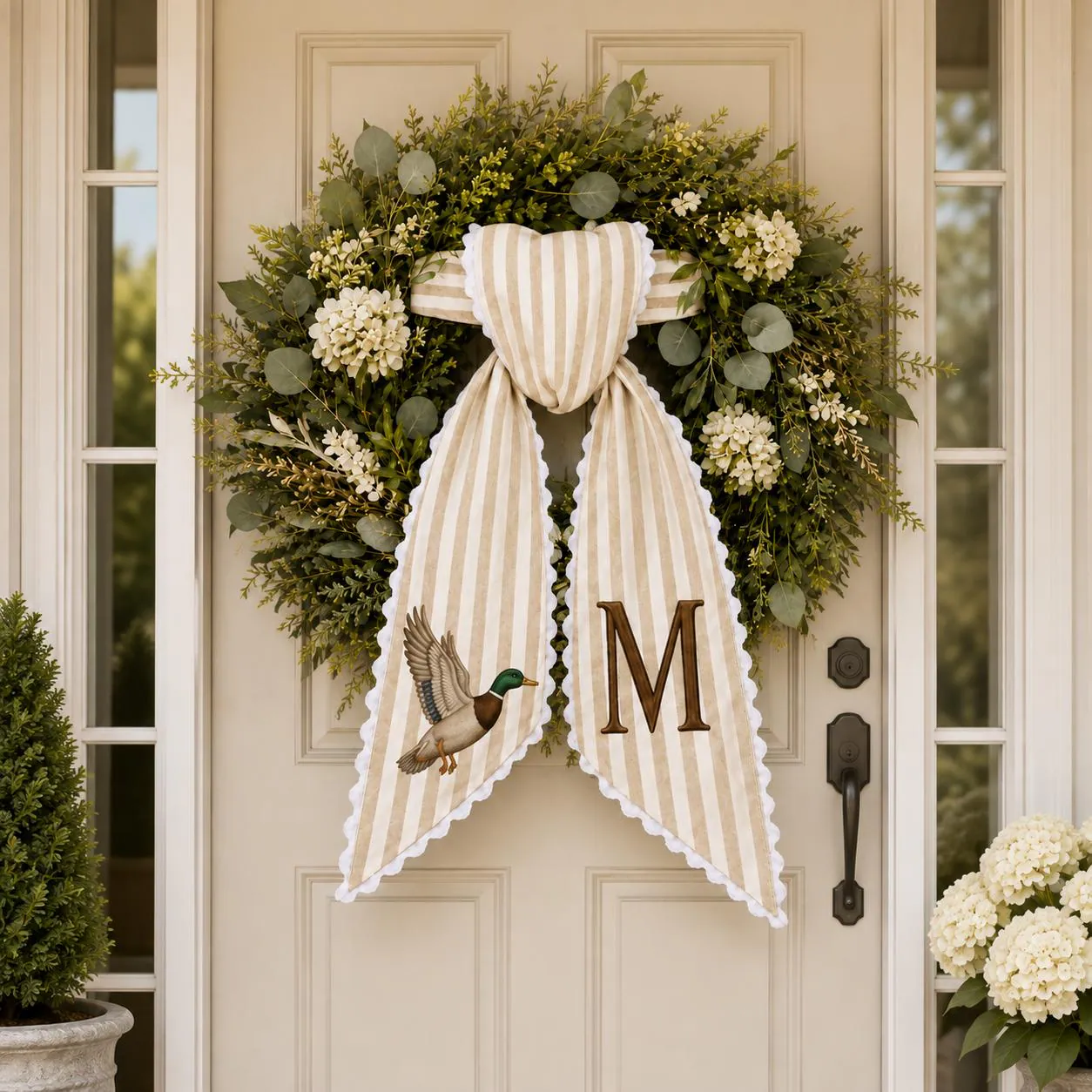 Personalized Duck Wreath Sash, Custom Embroidered Mallard Monogram Ribbon, Striped Door Hanger, Rustic Farmhouse Decor, Hunter Gift - image 3
