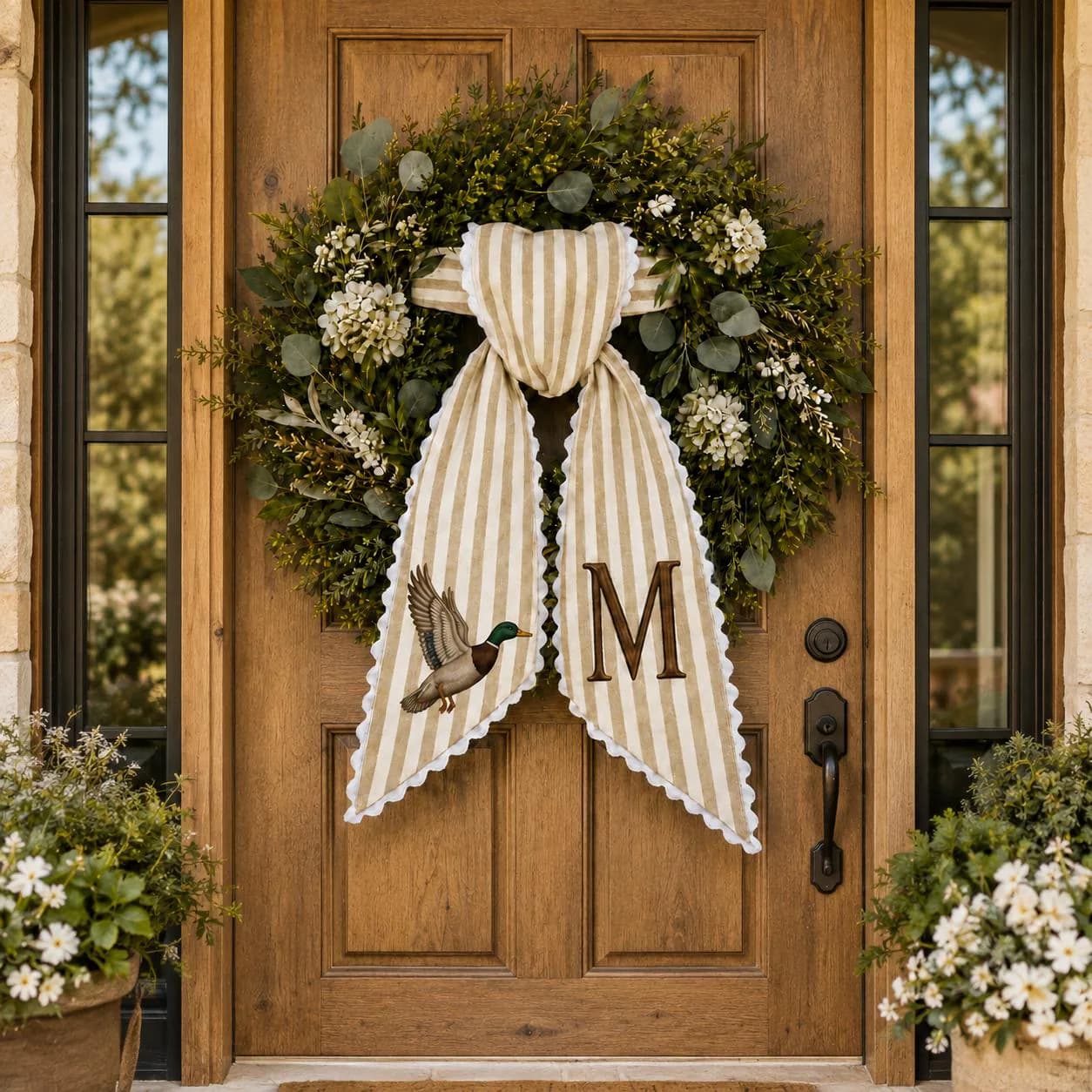 Personalized Duck Wreath Sash, Custom Embroidered Mallard Monogram Ribbon, Striped Door Hanger, Rustic Farmhouse Decor, Hunter Gift - image 5