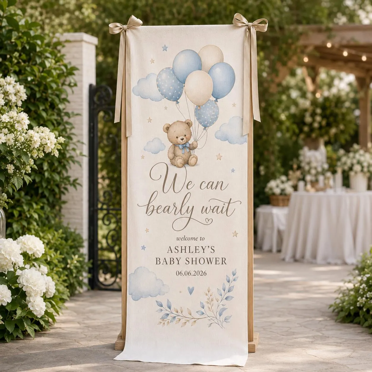 Personalized Teddy Bear Baby Shower Banner, We Can Bearly Wait Welcome Sign, Blue Balloon Boy Shower Decor, Custom Name and Date Backdrop - image 5