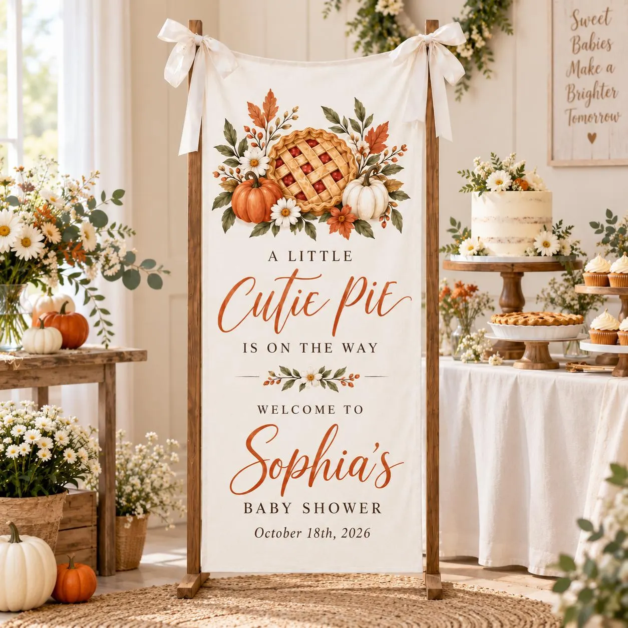 Personalized Cutie Pie Baby Shower Banner, Autumn Pumpkin Welcome Sign, Fall Floral Backdrop, Sweet Pie Party Linen Tapestry