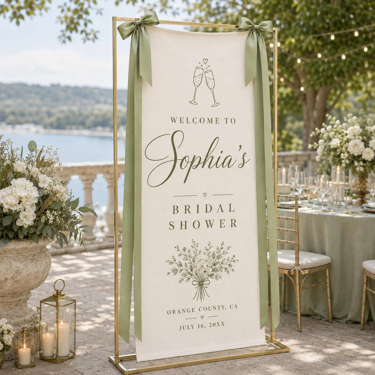 Personalized Sage Bridal Shower Banner, Custom Bride Welcome Sign with Name Location Date, Elegant Champagne Fabric Backdrop Decor - image 4
