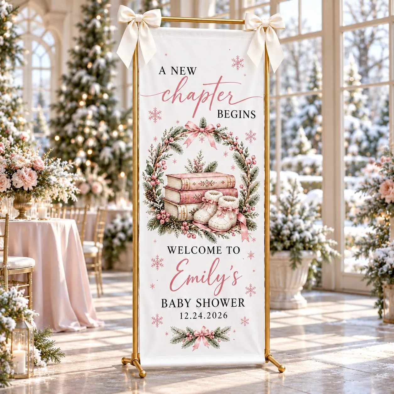 Personalized Baby Shower Banner, A New Chapter Begins, Pink Christmas Books, Winter Wreath Welcome Sign, Girl Celebration Fabric Backdrop - image 3