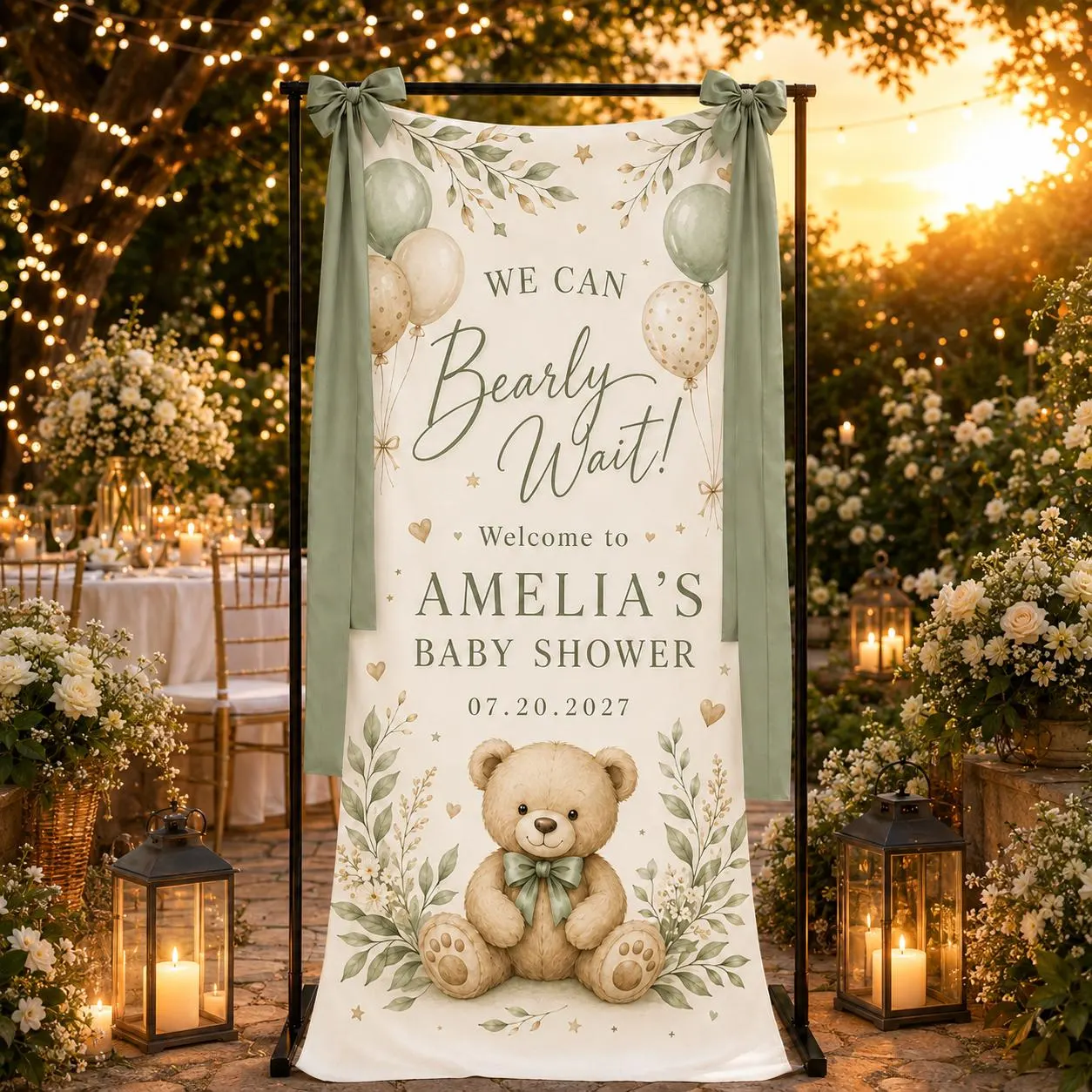 Personalized Baby Shower Backdrop, Teddy Bear Welcome Sign, Beary Wait Theme, Sage Green Floral Decor, Custom Celebration Banner - image 4