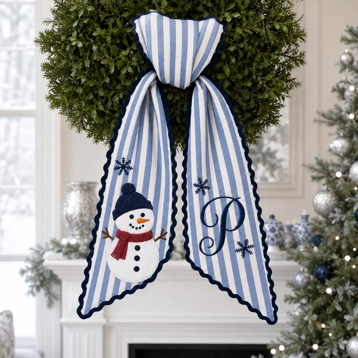 Personalized Snowman Embroidered Wreath Sash, Blue Stripe Christmas Door Decor, Monogram Winter Holiday Bow, Custom Initial Gift - image 4