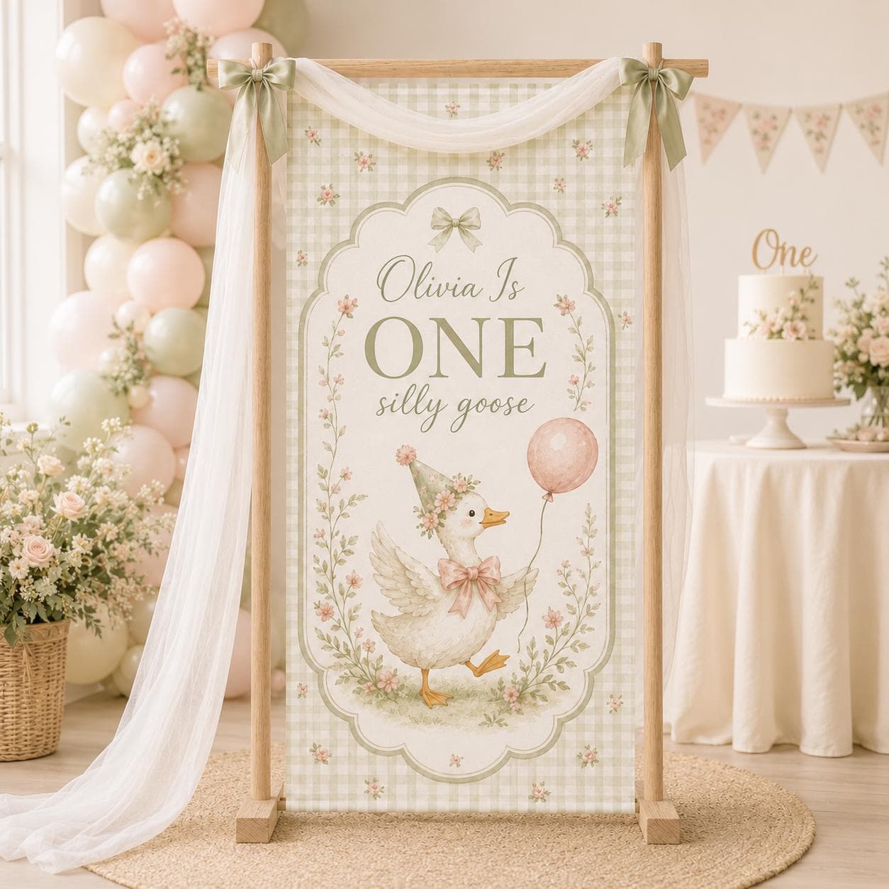 Custom Silly Goose First Birthday Banner, Personalized One Year Old Party Backdrop, Floral Gingham Duck Fabric Sign with Name - image 4