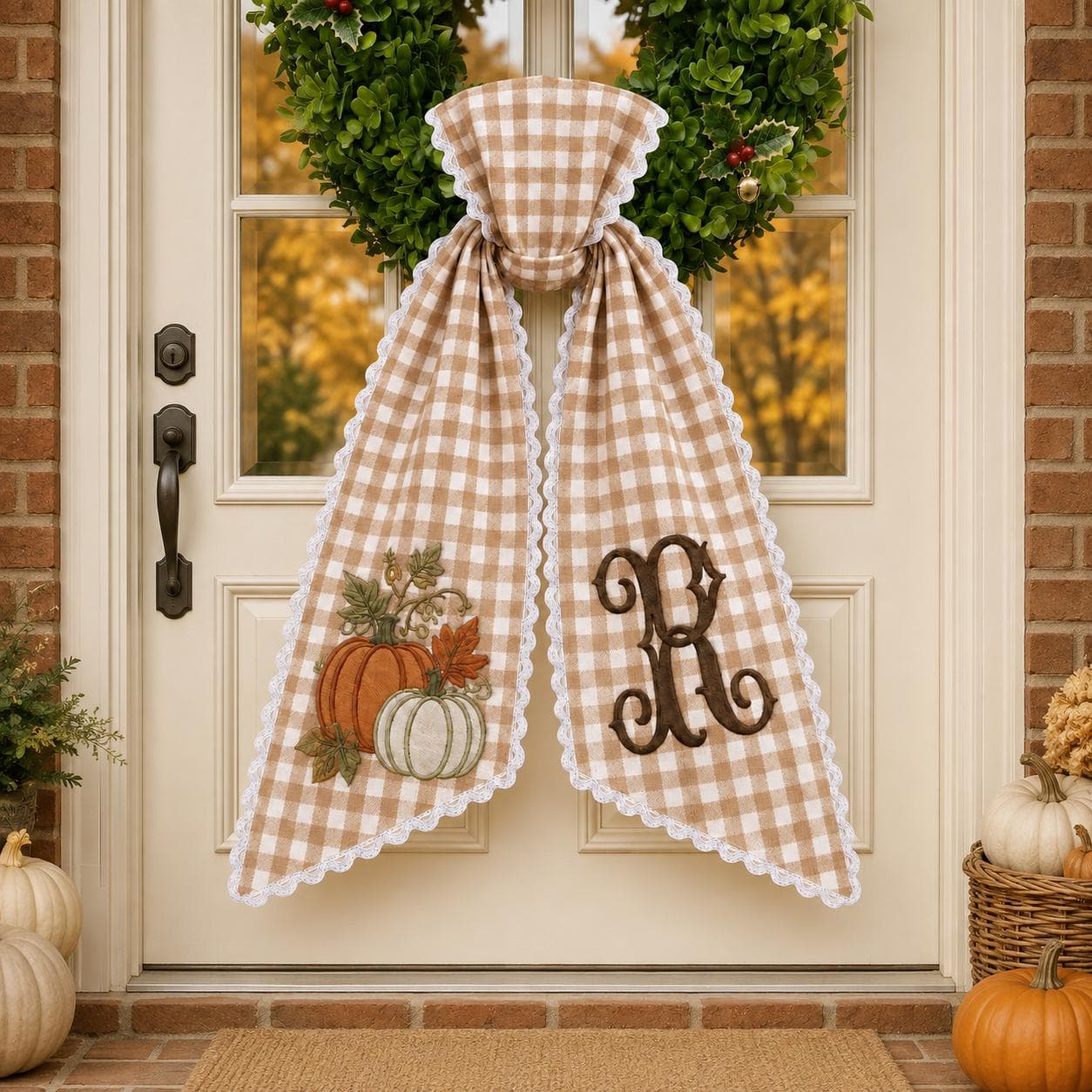 Personalized Pumpkin Embroidered Sash, Beige Gingham Monogram Bow, Custom Initial Fall Door Decor, Autumn Wreath Accent, Thanksgiving Gift - image 5