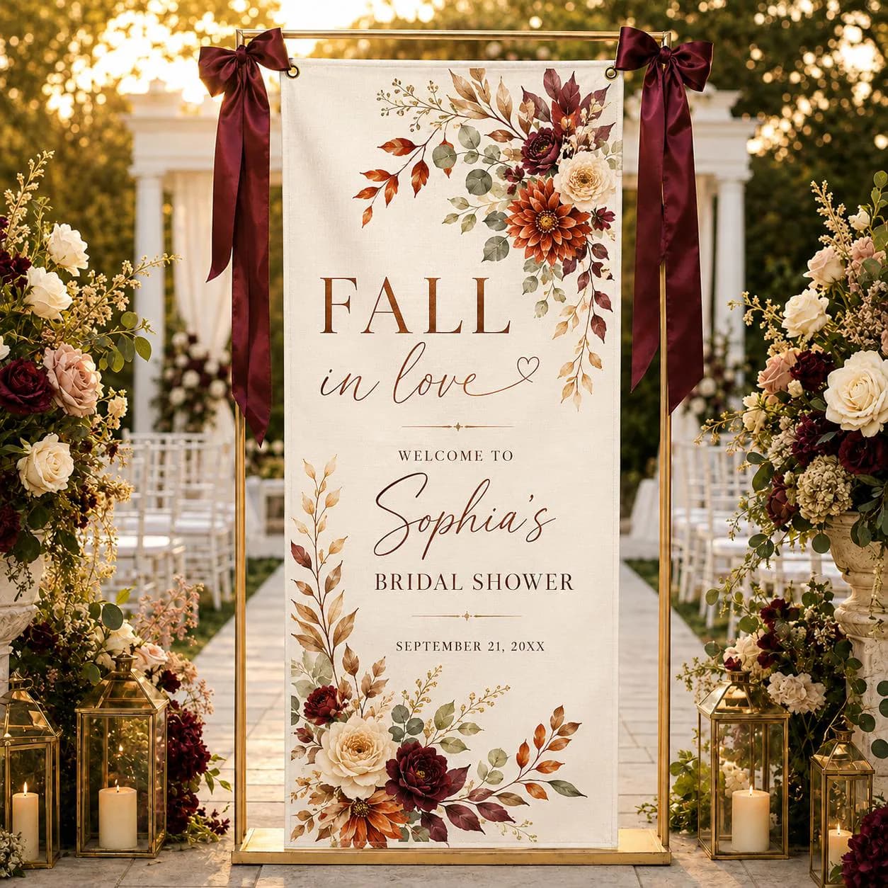 Personalized Bridal Shower Backdrop, Fall in Love Welcome Sign, Burgundy Floral Theme, Autumn Bride Decor, Custom Celebration Banner