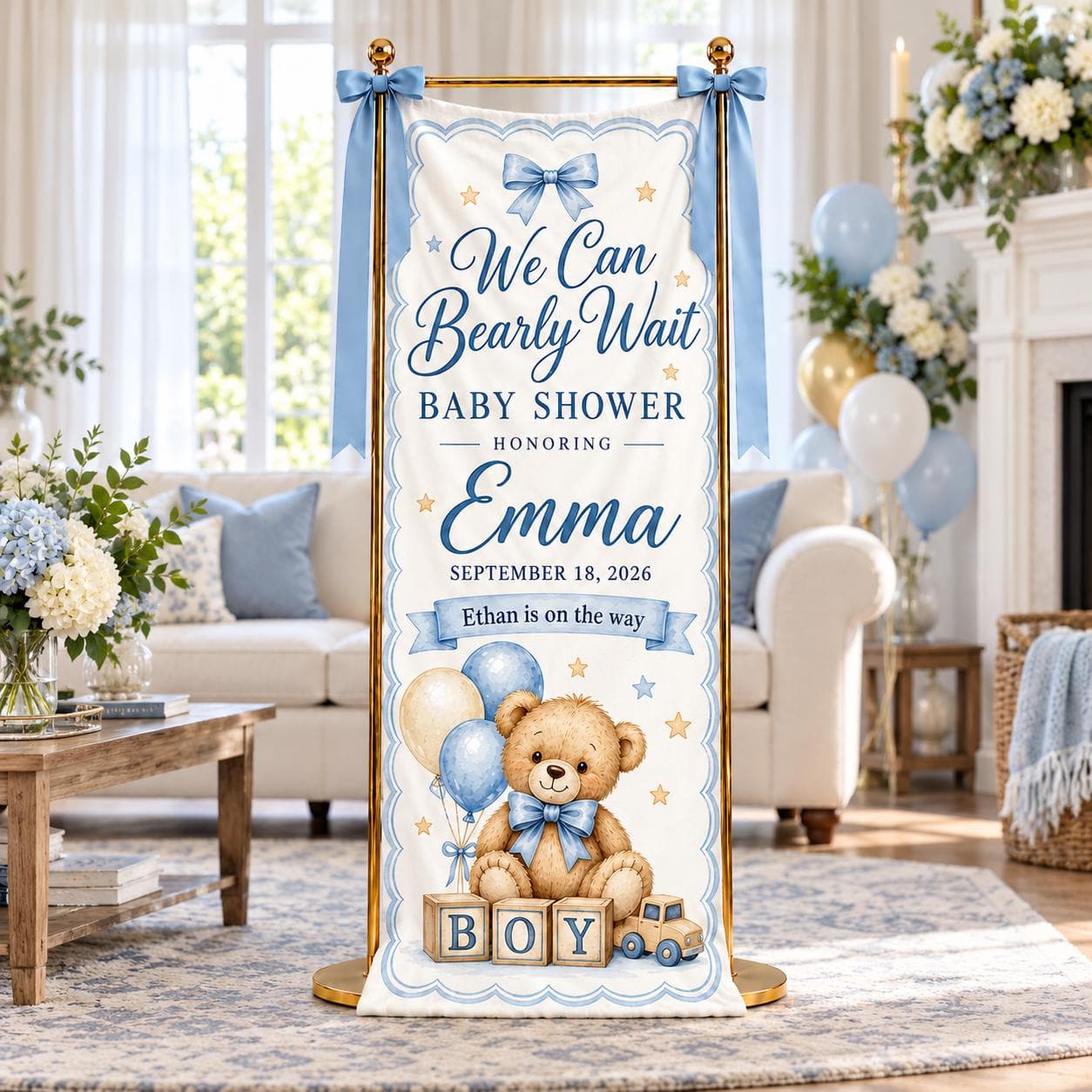 Personalized Baby Shower Banner, We Can Bearly Wait, Blue Teddy Bear Welcome Sign, Boy Celebration Decor, Balloon Bow Fabric Backdrop