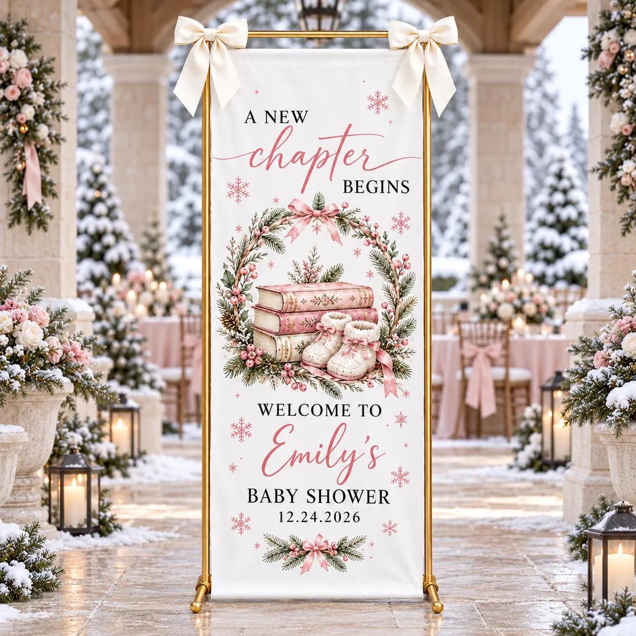 Personalized Baby Shower Banner, A New Chapter Begins, Pink Christmas Books, Winter Wreath Welcome Sign, Girl Celebration Fabric Backdrop - image 5