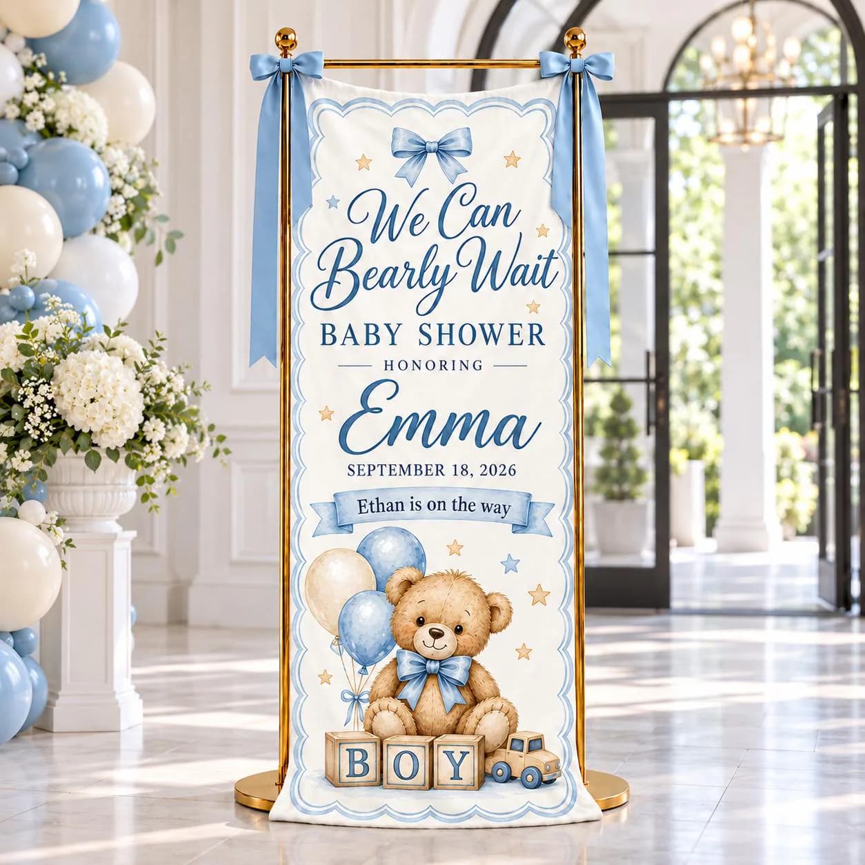 Personalized Baby Shower Banner, We Can Bearly Wait, Blue Teddy Bear Welcome Sign, Boy Celebration Decor, Balloon Bow Fabric Backdrop - image 5