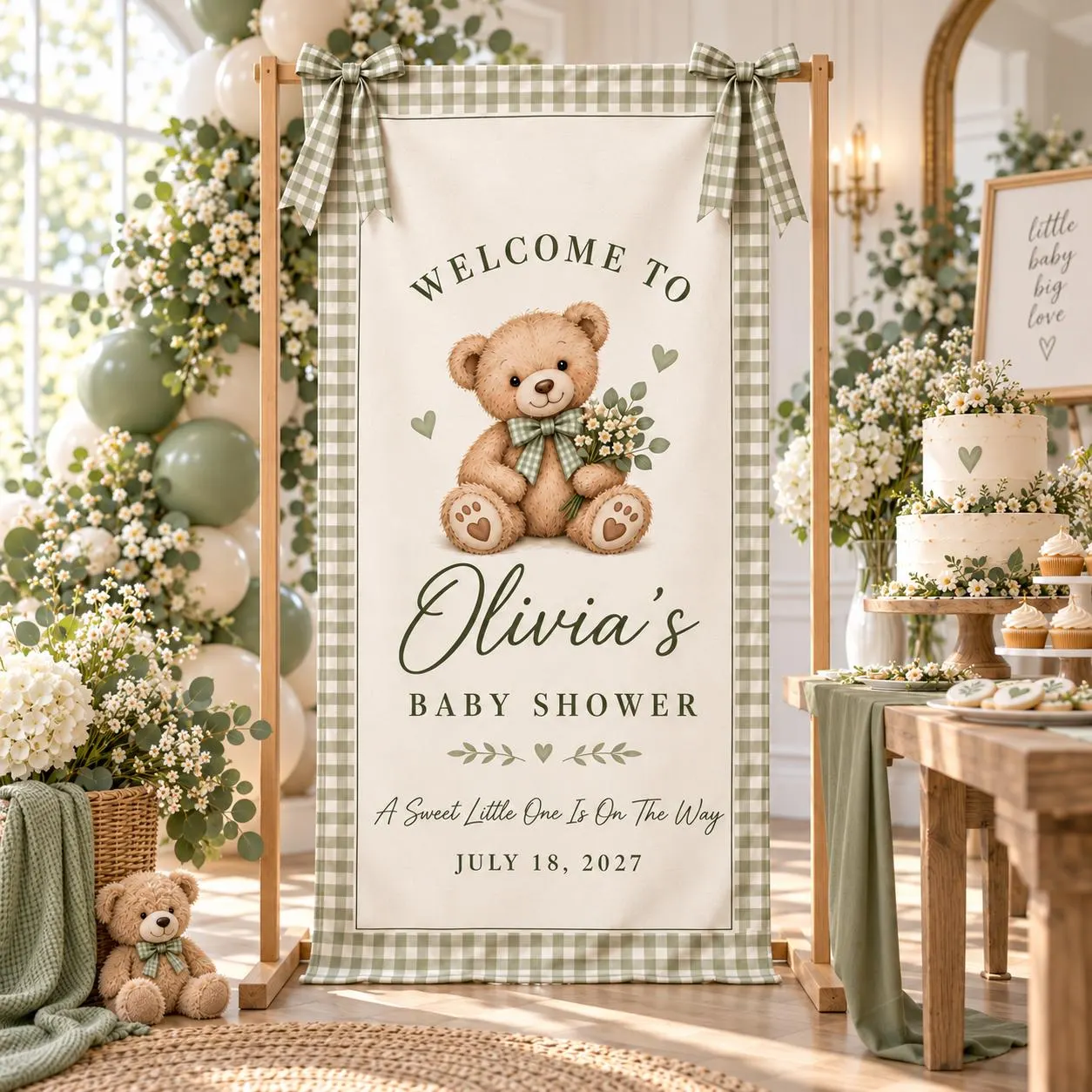 Personalized Teddy Bear Baby Shower Banner, Sage Gingham Welcome Sign, Custom Name Backdrop, Neutral Green Floral Party Decor