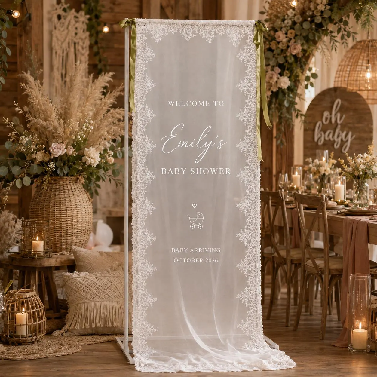 Personalized Lace Baby Shower Welcome Banner, Custom Name Date Sign, Elegant Sheer Fabric Backdrop, Romantic Floral Party Entrance Decor