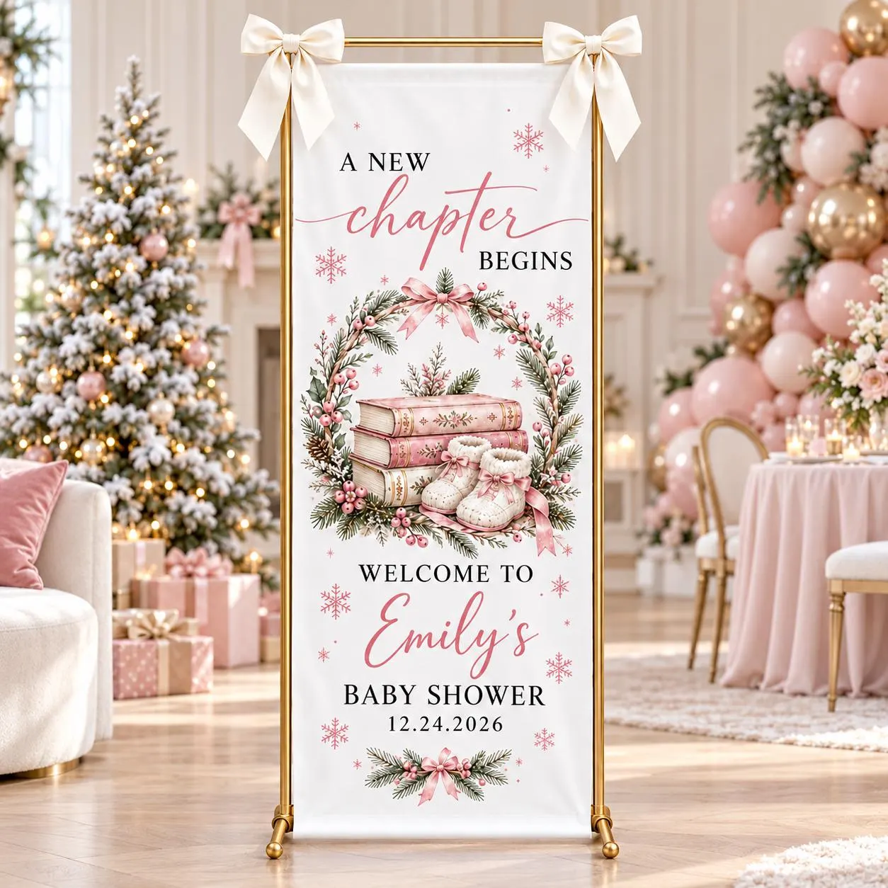 Personalized Baby Shower Banner, A New Chapter Begins, Pink Christmas Books, Winter Wreath Welcome Sign, Girl Celebration Fabric Backdrop - image 4