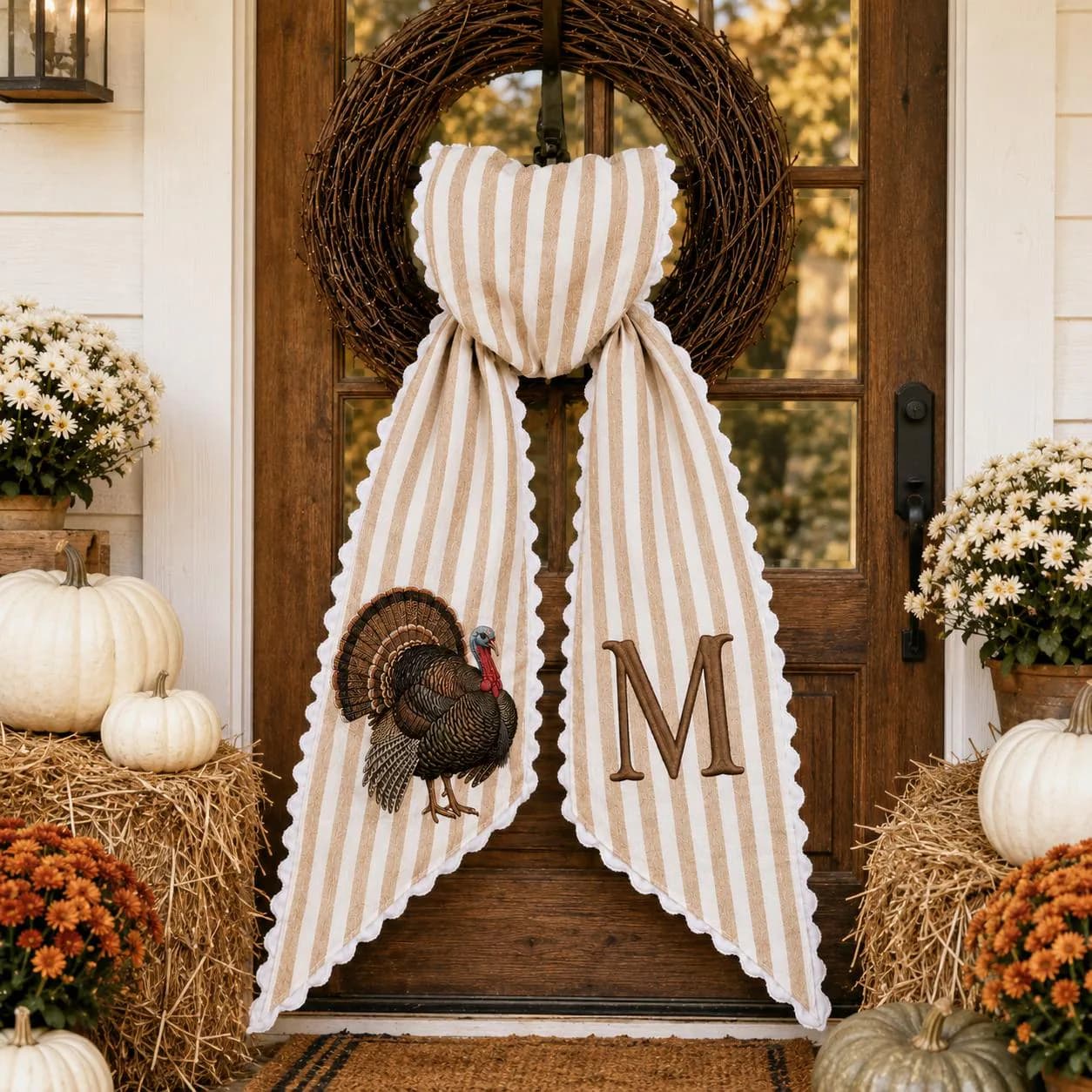 Personalized Turkey Embroidered Wreath Sash, Thanksgiving Monogram Door Decor, Fall Farmhouse Front Porch Accent, Custom Initial Gift - image 3
