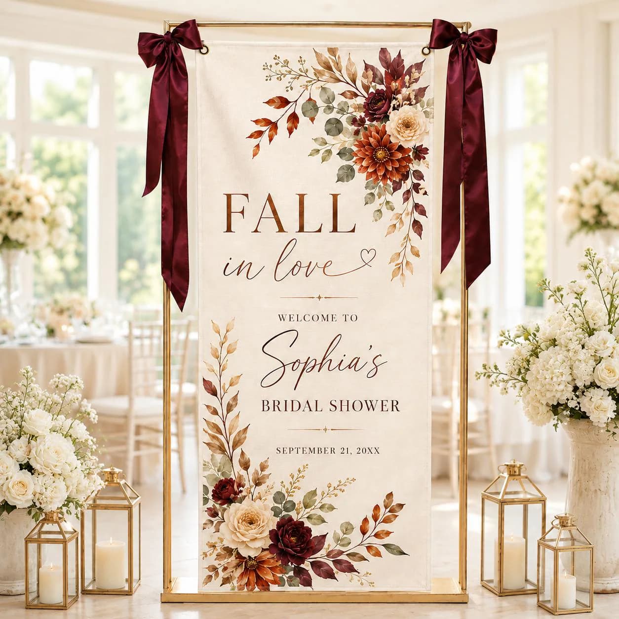 Personalized Bridal Shower Backdrop, Fall in Love Welcome Sign, Burgundy Floral Theme, Autumn Bride Decor, Custom Celebration Banner - image 4