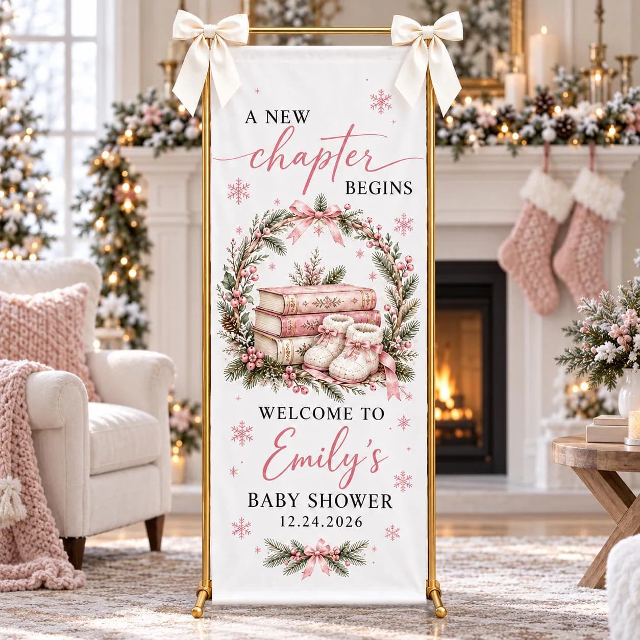 Personalized Baby Shower Banner, A New Chapter Begins, Pink Christmas Books, Winter Wreath Welcome Sign, Girl Celebration Fabric Backdrop