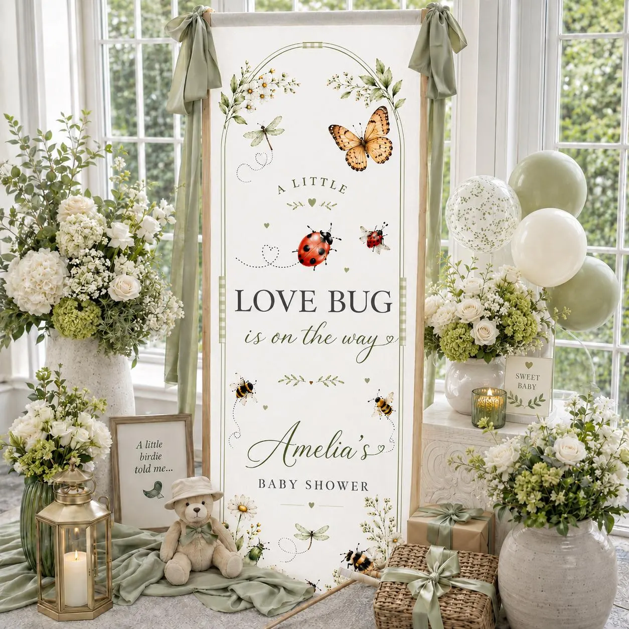 Personalized A Little Love Bug Baby Shower Banner, Lovebug Theme Welcome Sign, Ladybug Garden Fabric Backdrop, Rustic Party Decor - image 5