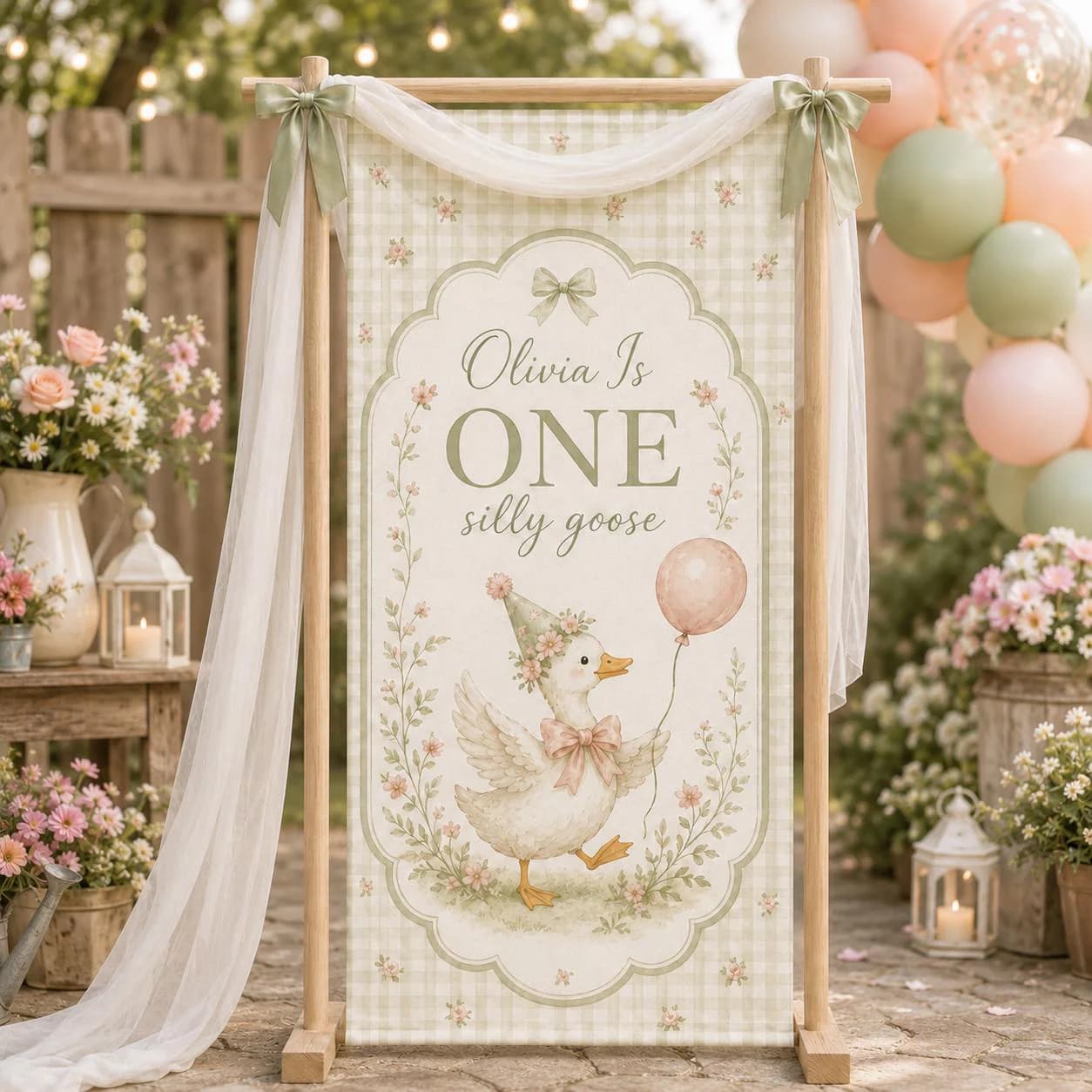 Custom Silly Goose First Birthday Banner, Personalized One Year Old Party Backdrop, Floral Gingham Duck Fabric Sign with Name - image 3