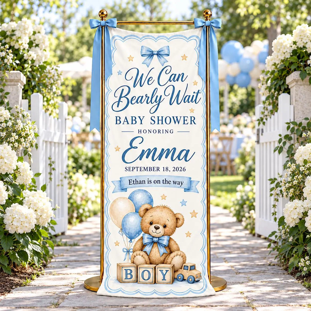 Personalized Baby Shower Banner, We Can Bearly Wait, Blue Teddy Bear Welcome Sign, Boy Celebration Decor, Balloon Bow Fabric Backdrop - image 3